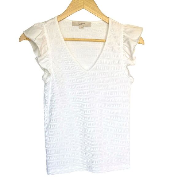 LOFT Short Sleeve Flutter Sleeve White Ruched V-Neck Top. Shirt. Small. NWOT. - Picture 2 of 8